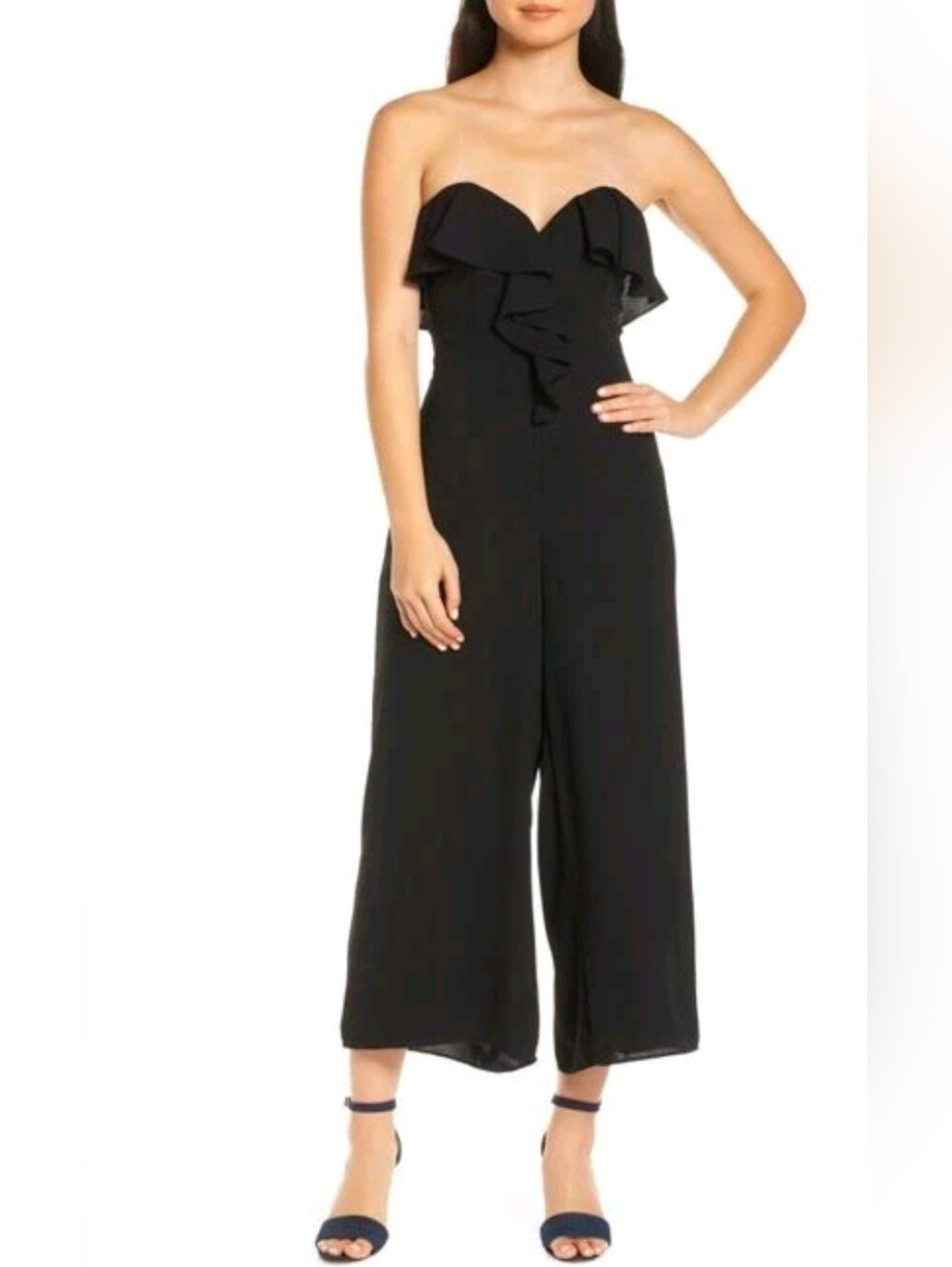 Chelsea28 nwt Strapless Ruffle Front Black Jumpsuit sz 8 petite Hidden back-zip
